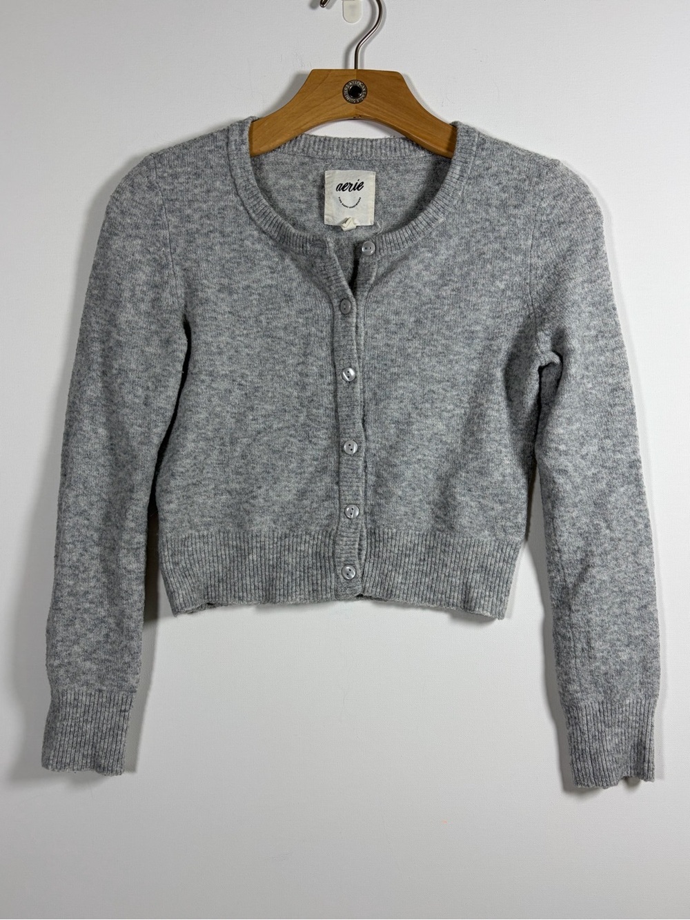 aerie Light Gray Cropped Button-Up Cardigan